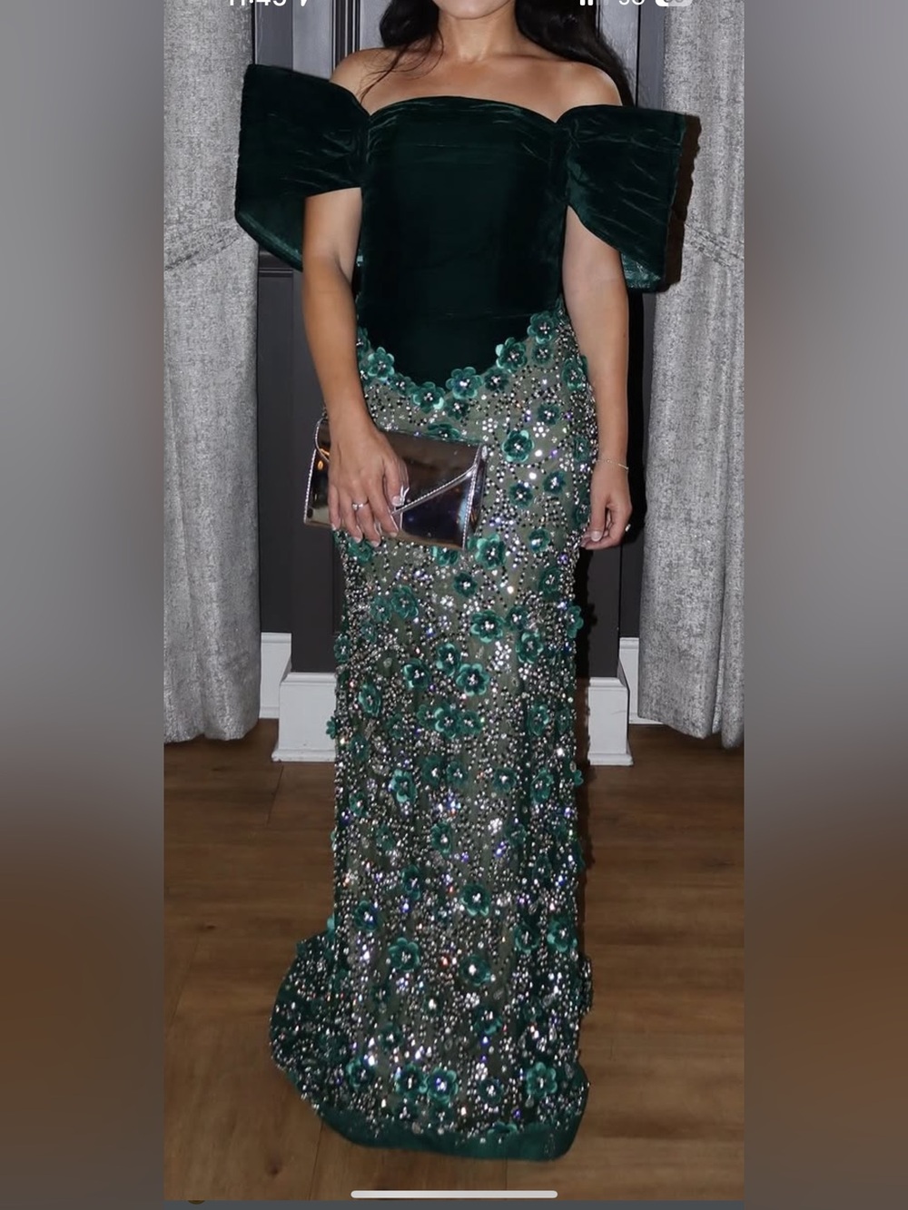 Emerald Green Embellished Floral Evening Gown